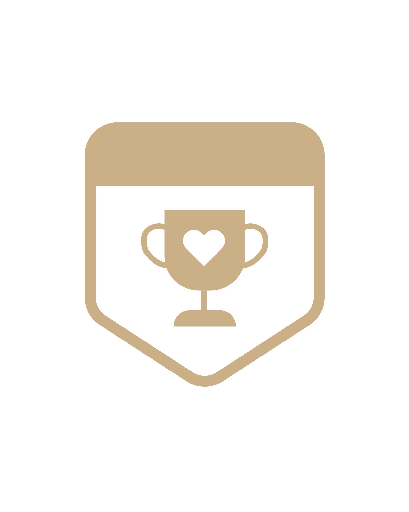 The image features a badge-style emblem with a trophy in the center, bearing a heart symbol. Above the emblem, the text reads